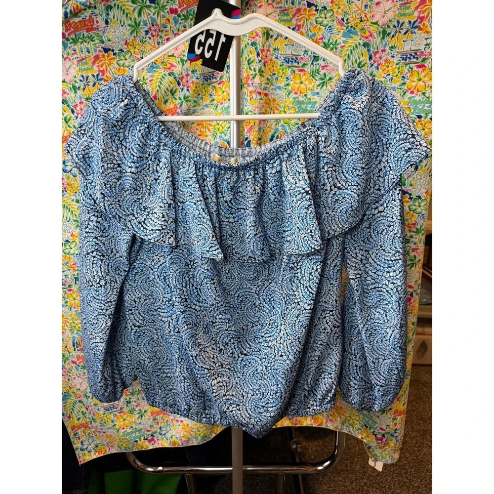 155 Michael Kors Blue Paisley Off The Shoulder Ruffle Blouse Small Long Sleeves